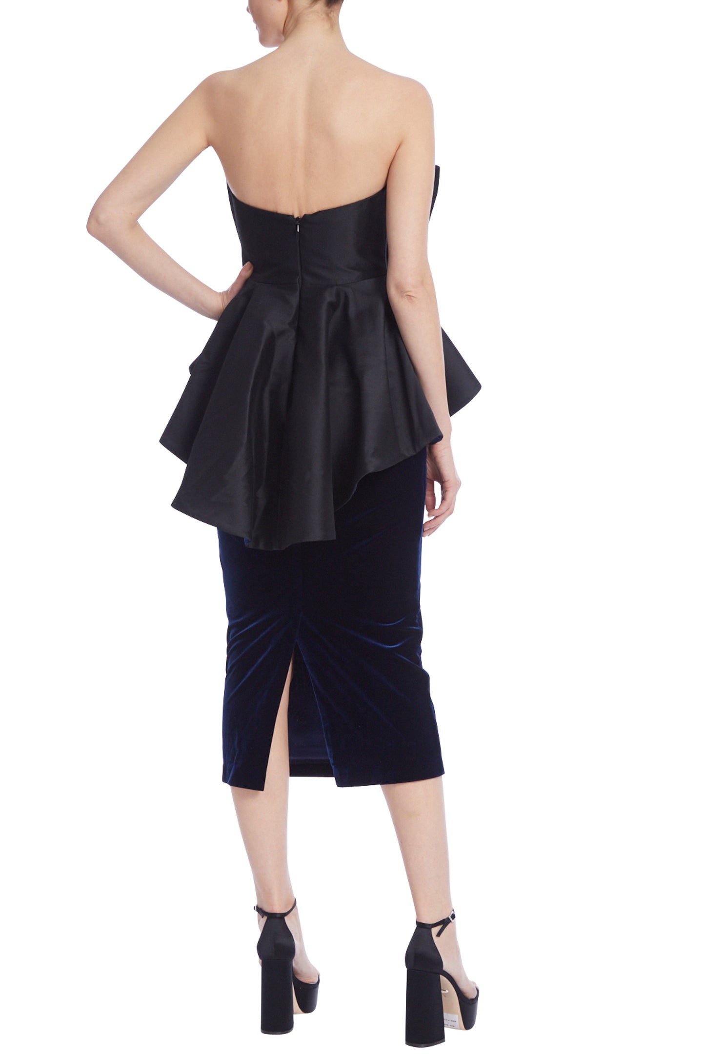 Badgley Mischka Strapless Velvet and Mikado Peplum Bow Dress - BLACK NAVY - Back