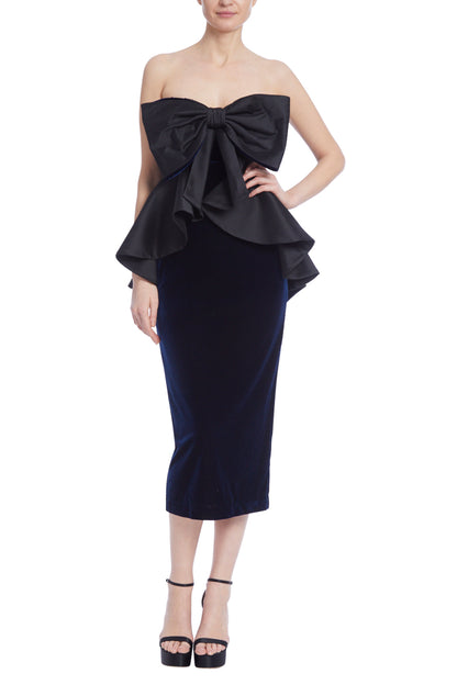 Badgley Mischka Strapless Velvet and Mikado Peplum Bow Dress - BLACK NAVY - Front