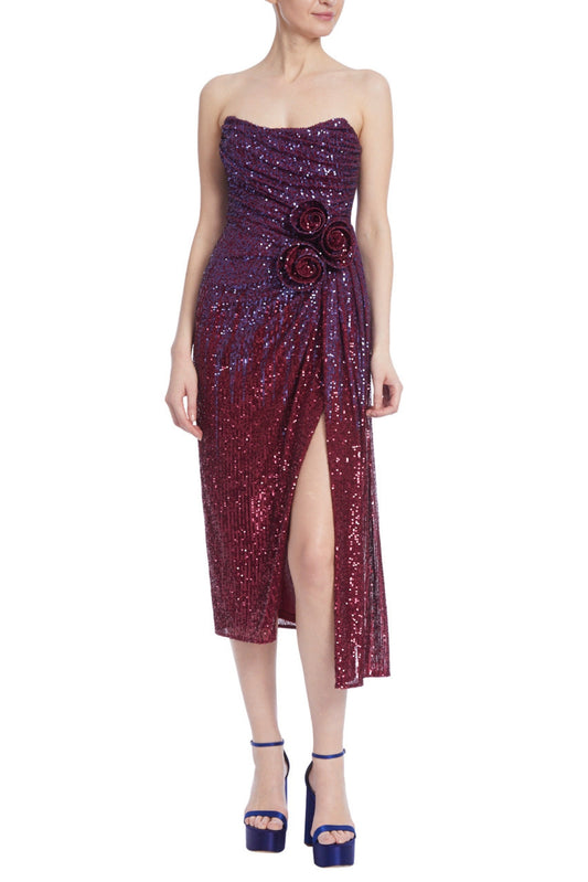 Badgley Mischka Strapless Ombre Sequined Rosette Gown with Leg Slit - WINE COMBO - Front