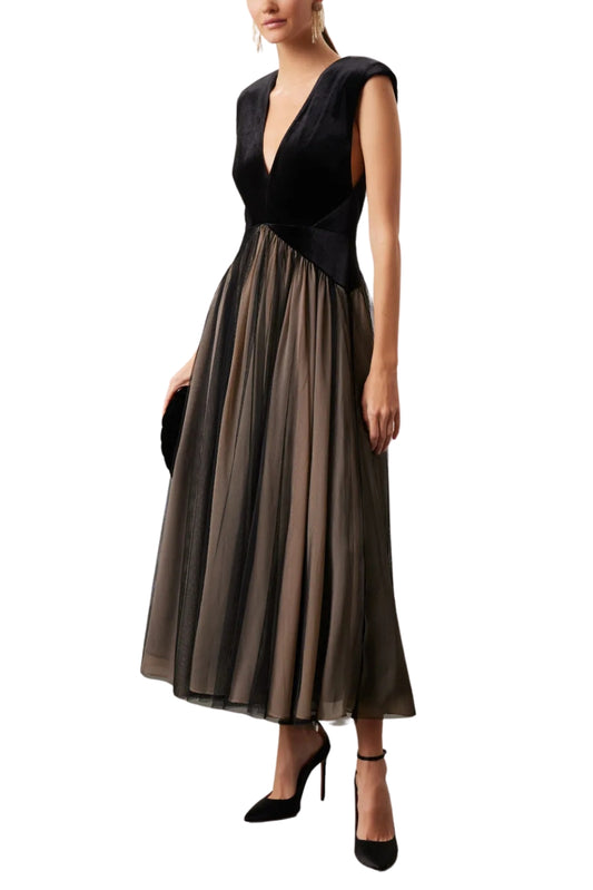 Badgley Mischka Drop Waist Velvet Dress - BLACK MULTI - Front 