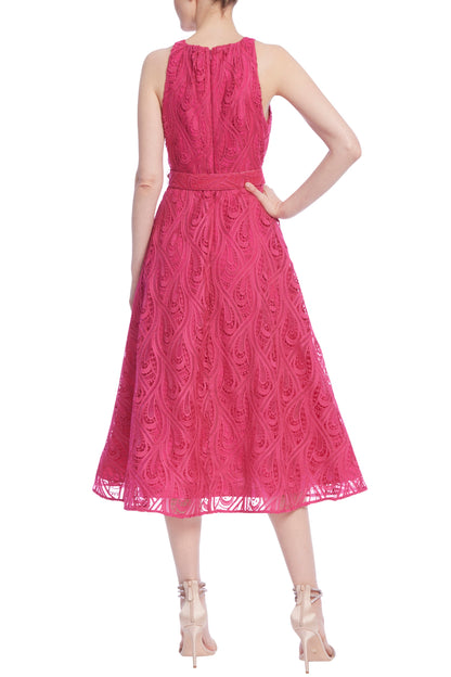 Badgley Mischka Paisley Lace Halter Midi Dress with Belt - Wholesale  - FUCHSIA - Back 