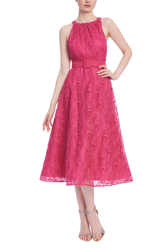 Badgley Mischka Paisley Lace Halter Midi Dress with Belt - Wholesale  - FUCHSIA - Front 