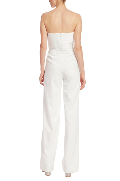 Badgley Mischka Strapless Tuxedo-Style Crepe Faux Pockets Jumpsuit - LIGHT IVORY - BACK