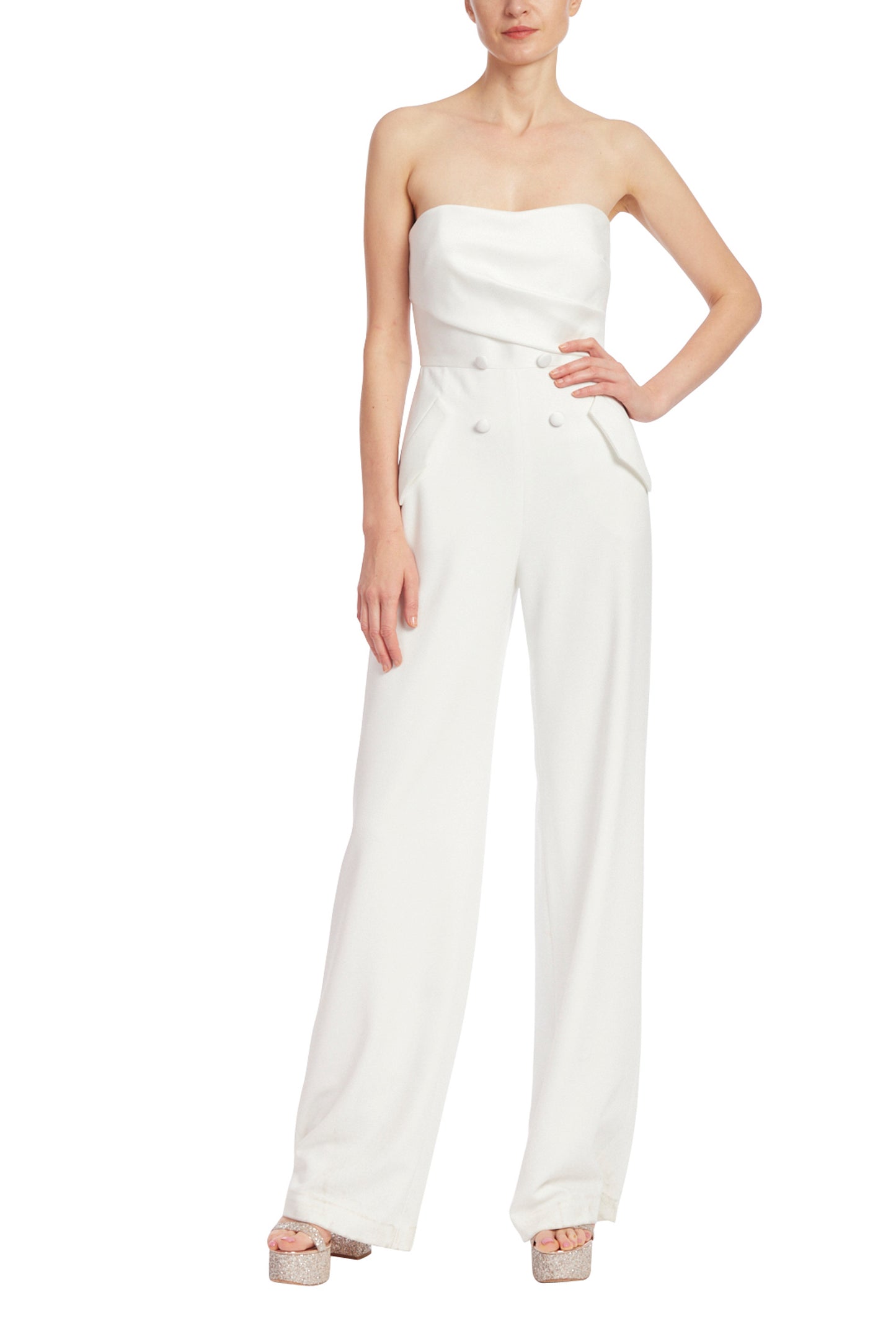 Badgley Mischka Strapless Tuxedo-Style Crepe Faux Pockets Jumpsuit - LIGHT IVORY - Front