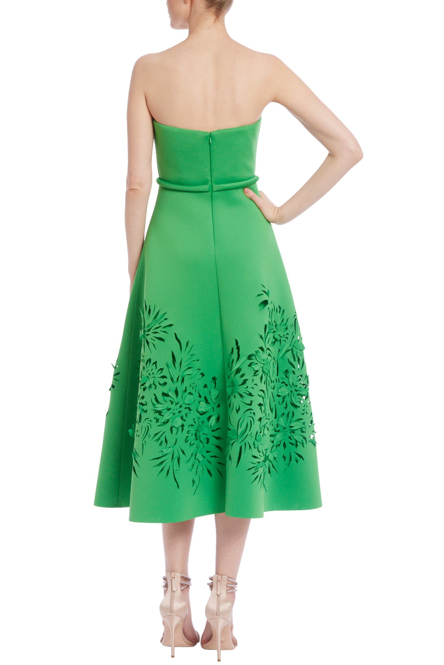 Badgley Mischka Strapless Laser-Cut Floral Dress - GREEN - Back