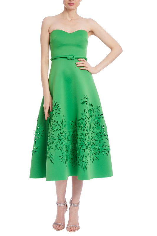 Badgley Mischka Strapless Laser-Cut Floral Dress - GREEN - Front