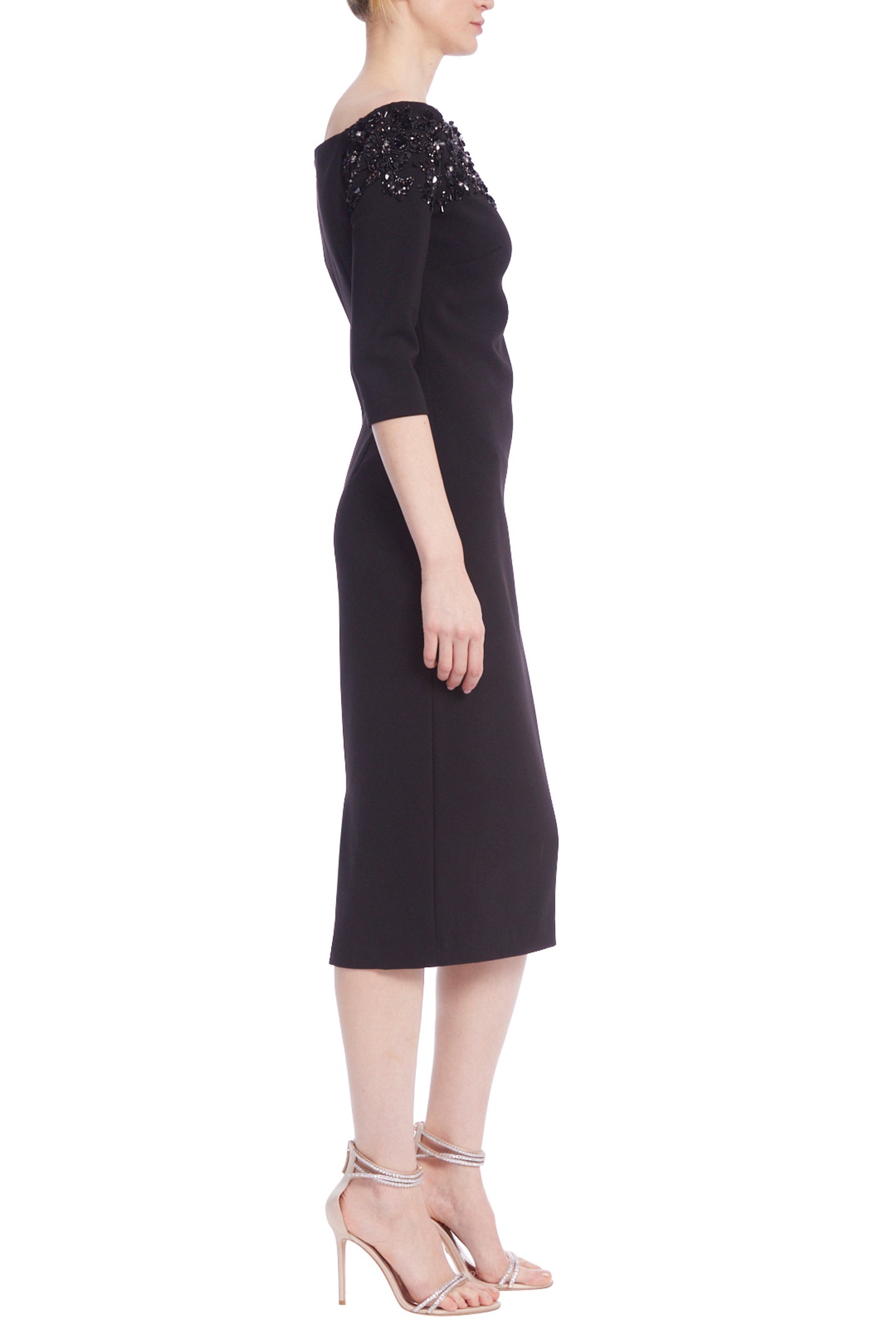 Badgley Mischka Embellished Boat Neck 3/4 Sleeves Below the Knee Fitted Silhouette Cocktail Dress