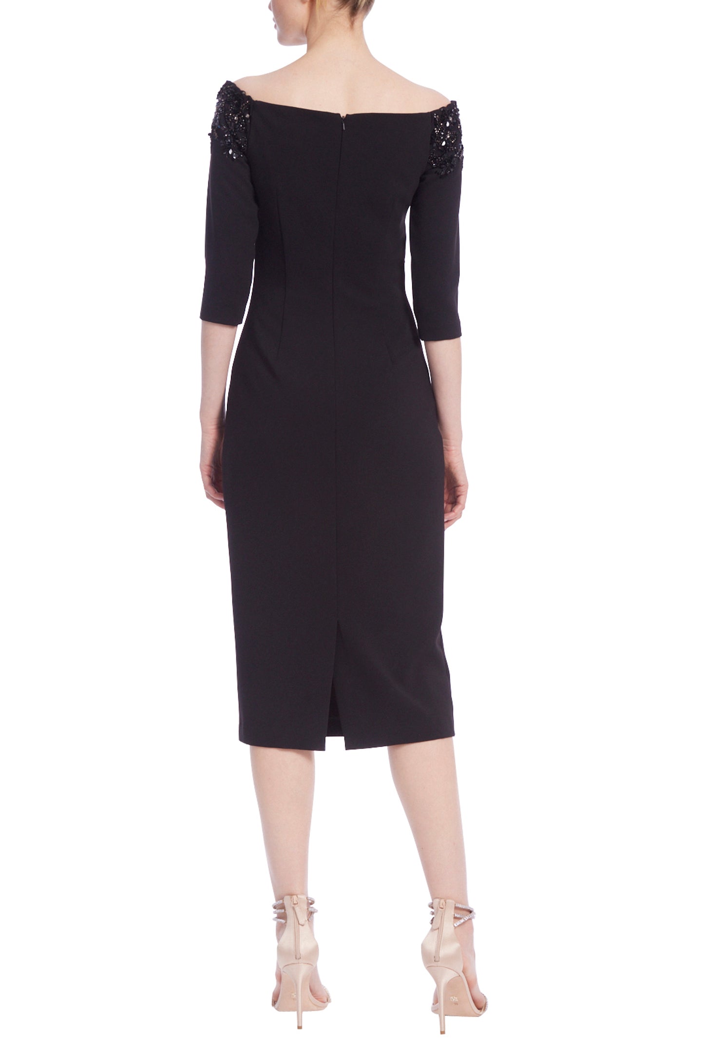 Badgley Mischka Embellished Boat Neck 3/4 Sleeves Below the Knee Fitted Silhouette Cocktail Dress - BLACK - Back