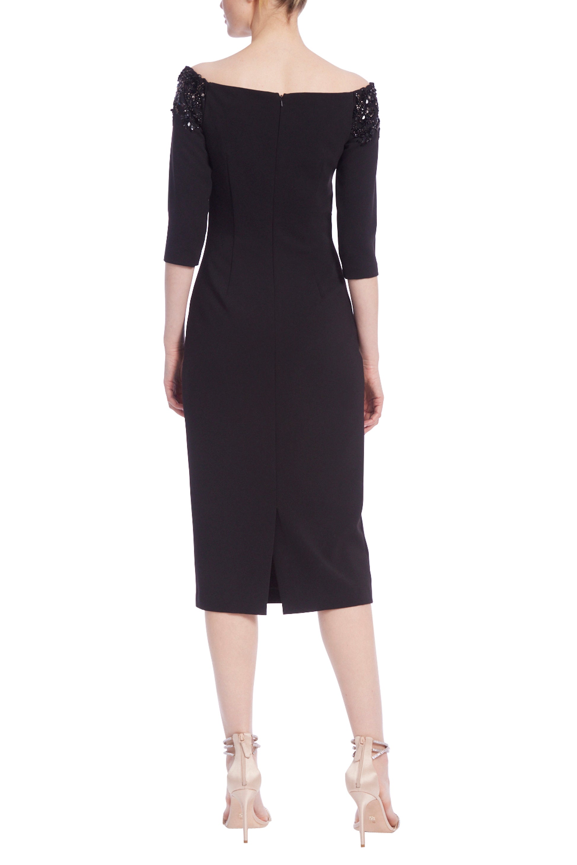 Badgley Mischka Embellished Boat Neck 3/4 Sleeves Below the Knee Fitted Silhouette Cocktail Dress - BLACK - Back