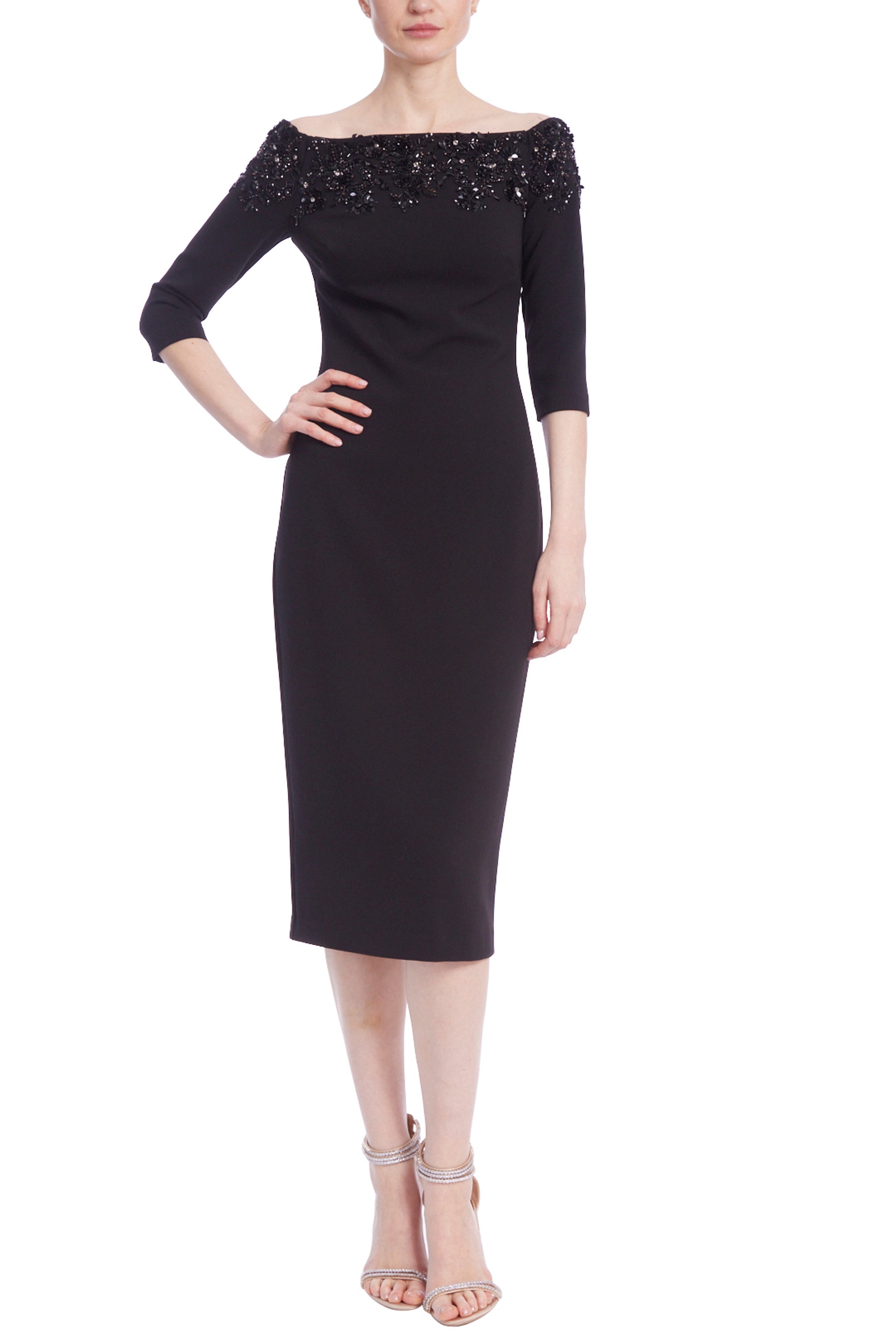 Badgley Mischka Embellished Boat Neck 3/4 Sleeves Below the Knee Fitted Silhouette Cocktail Dress - BLACK - Front