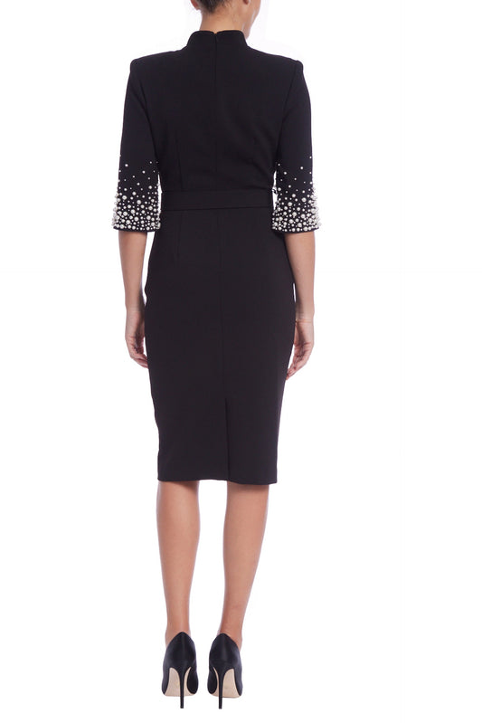 Black High Neck Knee-Length Crepe Cocktail Sheath Dress Embellished Sleeves and Belt Badgley Mischka SC4270