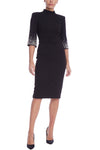 Black High Neck Knee-Length Crepe Cocktail Sheath Dress Embellished Sleeves and Belt Badgley Mischka SC4270