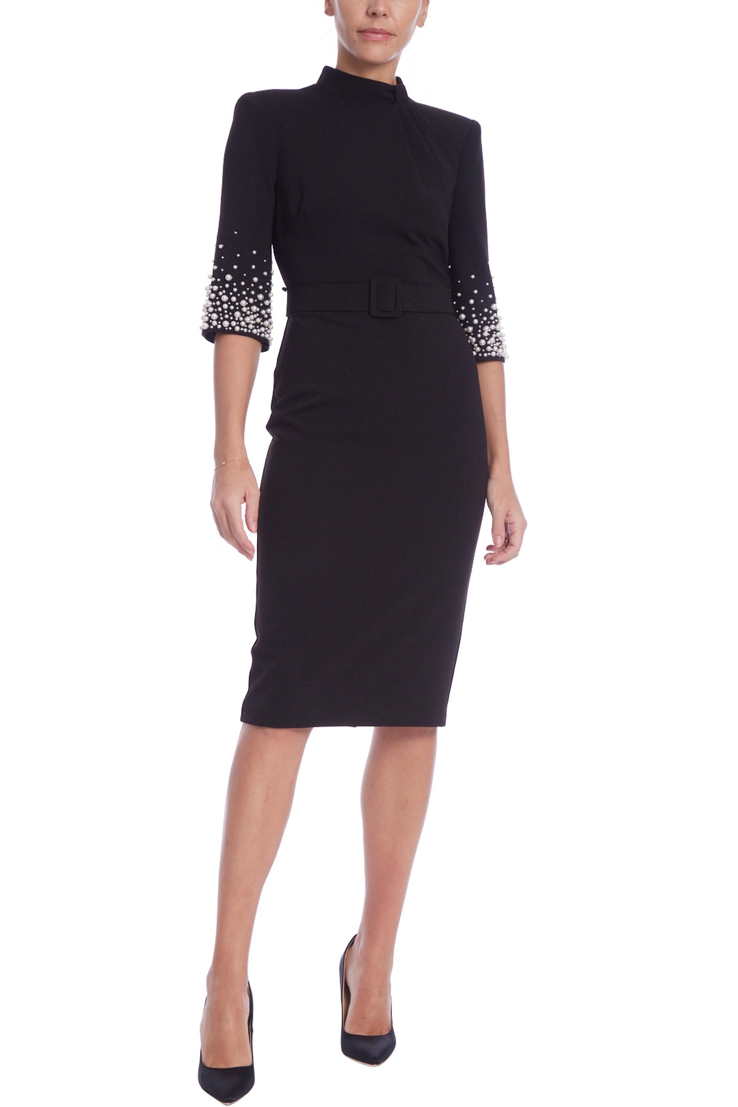 Black High Neck Knee-Length Crepe Cocktail Sheath Dress Embellished Sleeves and Belt Badgley Mischka SC4270