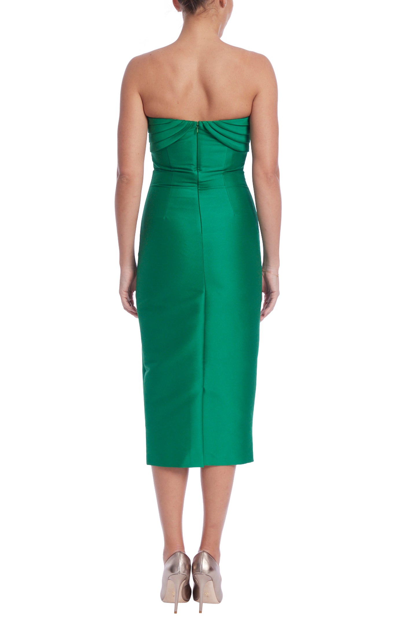 Badgley Mischka Strapless Fitted Sweetheart Neck Pit Bust Midi Bodice Mikado Dress - EMERALD - Back