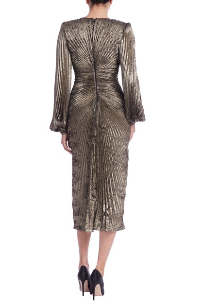 Badgley Mischka Metallic Sunburst Deep V-Neck Pleated Long Sleeves Cinched Waist Silhouette Dress - PEWTER - Back