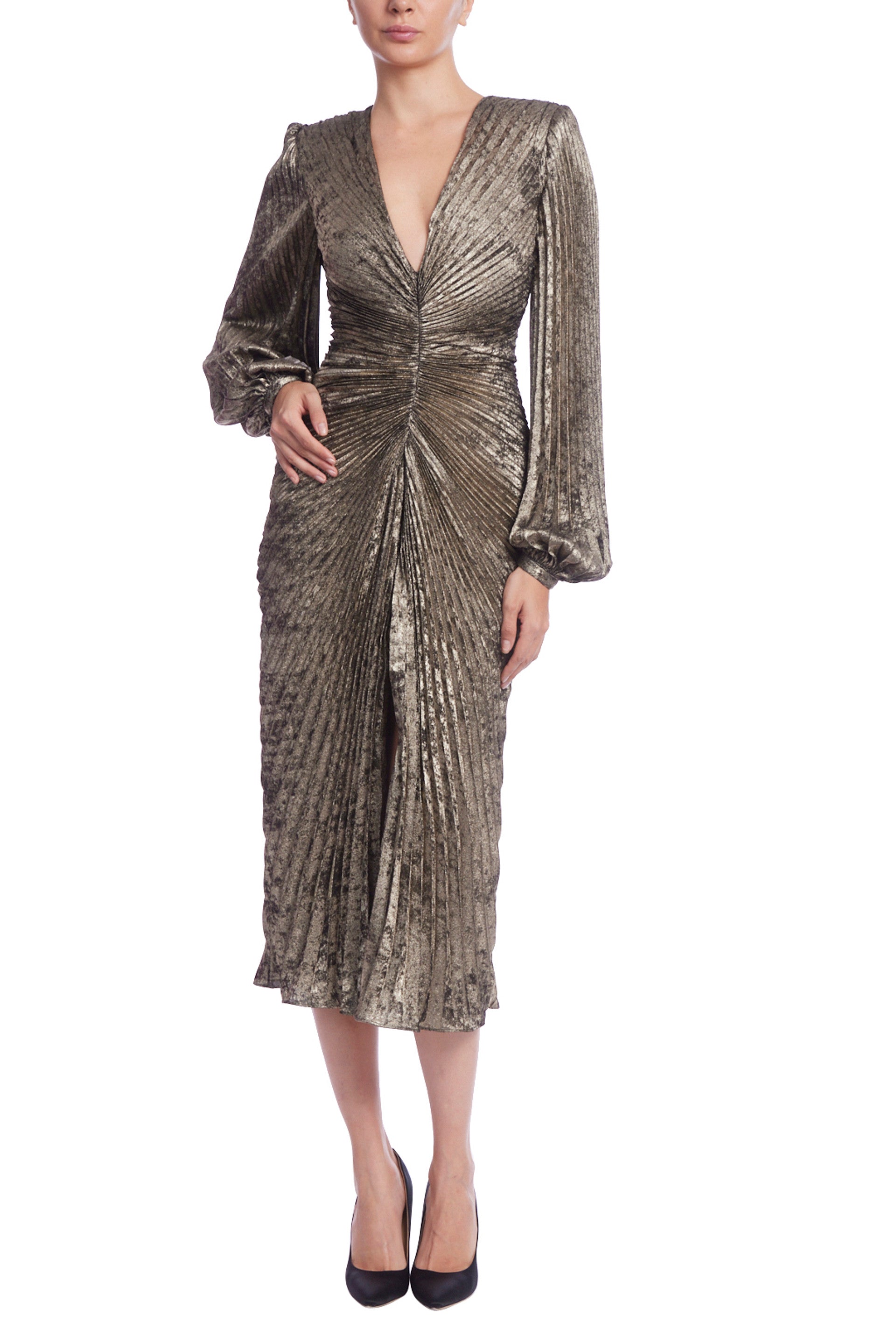 Badgley Mischka Metallic Sunburst Deep V-Neck Pleated Long Sleeves Cinched Waist Silhouette Dress - PEWTER - Front