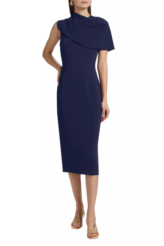 Badgley Mischka Asymmetric Neckline Cape Sleeve Back Zip Closure Midi Dress - NAVY - front