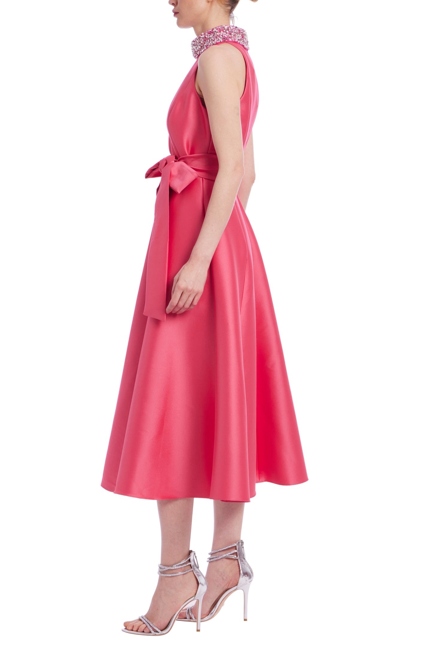 Badgley Mischka Beaded Halter Neckline Waist Self-Tie Sash Full Skirt Midi Dress