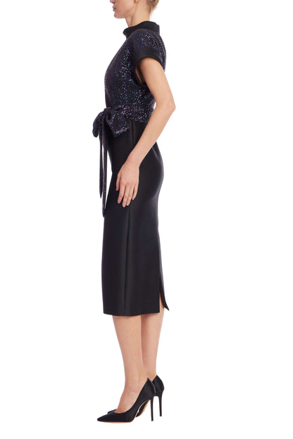 Badgley Mischka Sequin Bow Top Twofer Midi Dress with Mikado Skirt