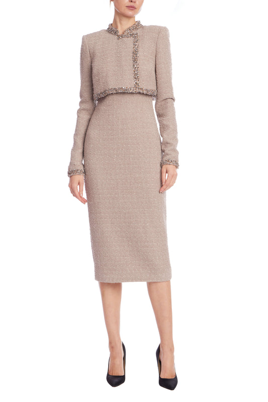 Badgley Mischka Tweed Sheath Dress with Embellished Popover