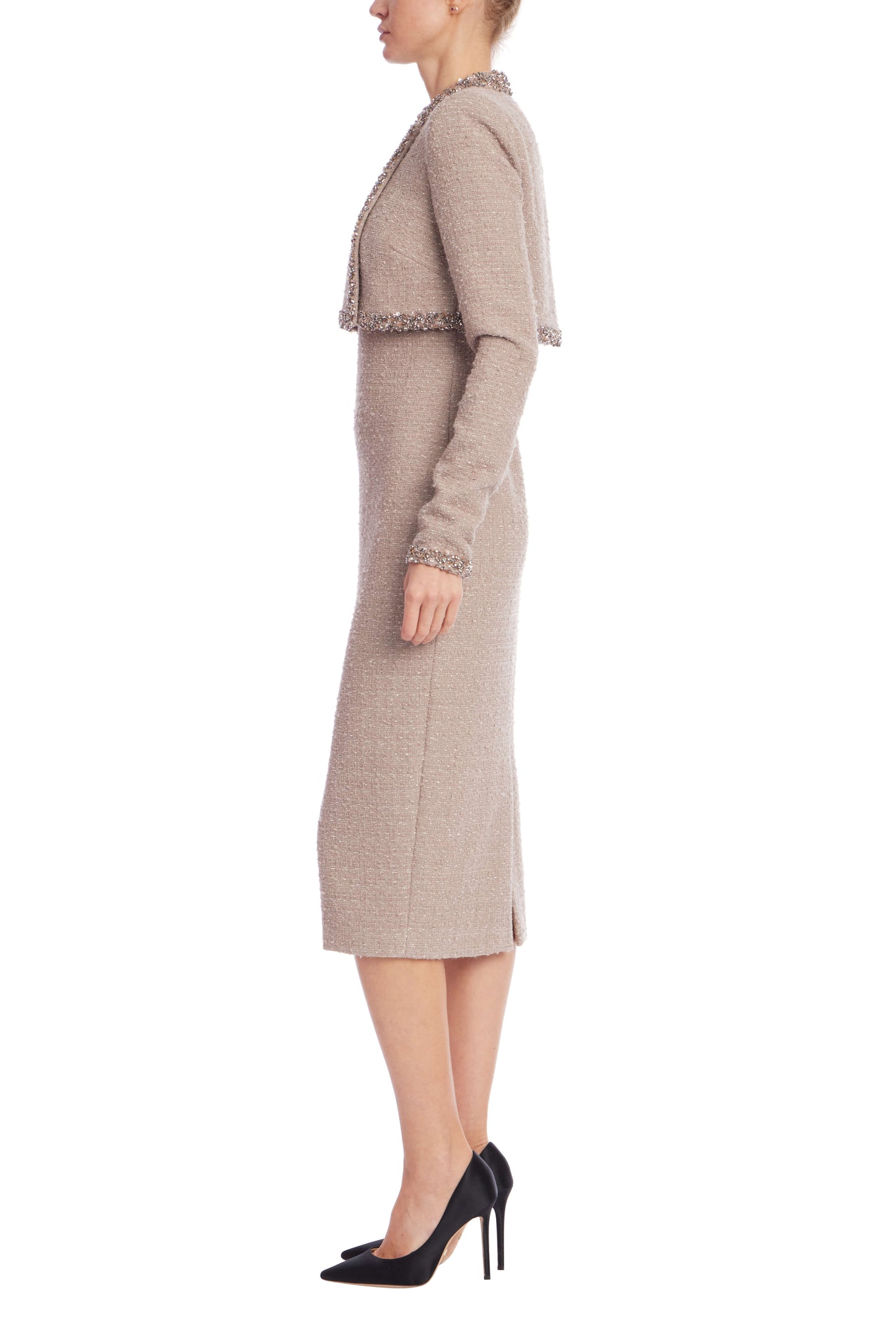 Badgley Mischka Tweed Sheath Dress with Embellished Popover