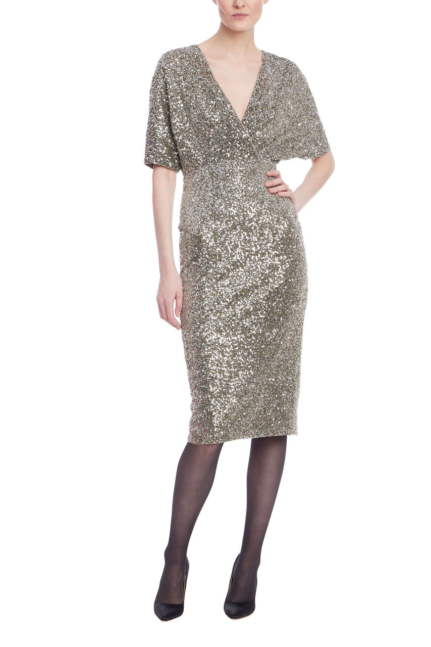 Gunmetal V-Neck Knee-Length Sequin Formal Sheath Dress Short Sleeves Badgley Mischka SC4500
