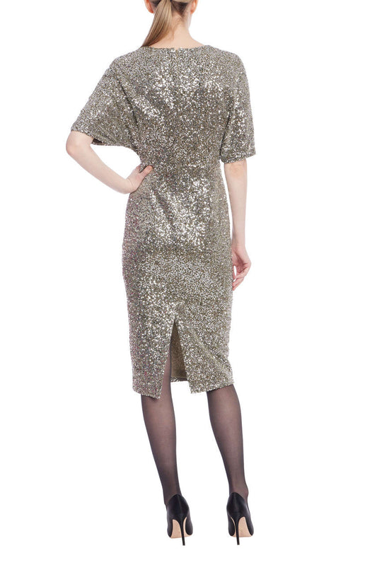 Gunmetal V-Neck Knee-Length Sequin Formal Sheath Dress Short Sleeves Badgley Mischka SC4500