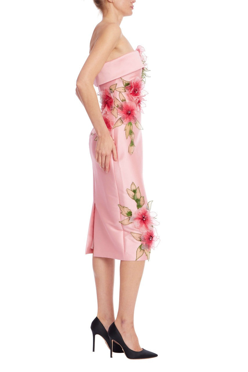 Badgley Mischka Strapless Mikado Sheath Midi Dress with 3D Floral Applique SC4568