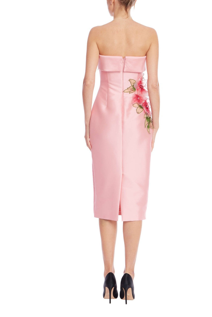 Badgley Mischka Strapless Mikado Sheath Midi Dress with 3D Floral Applique SC4568
