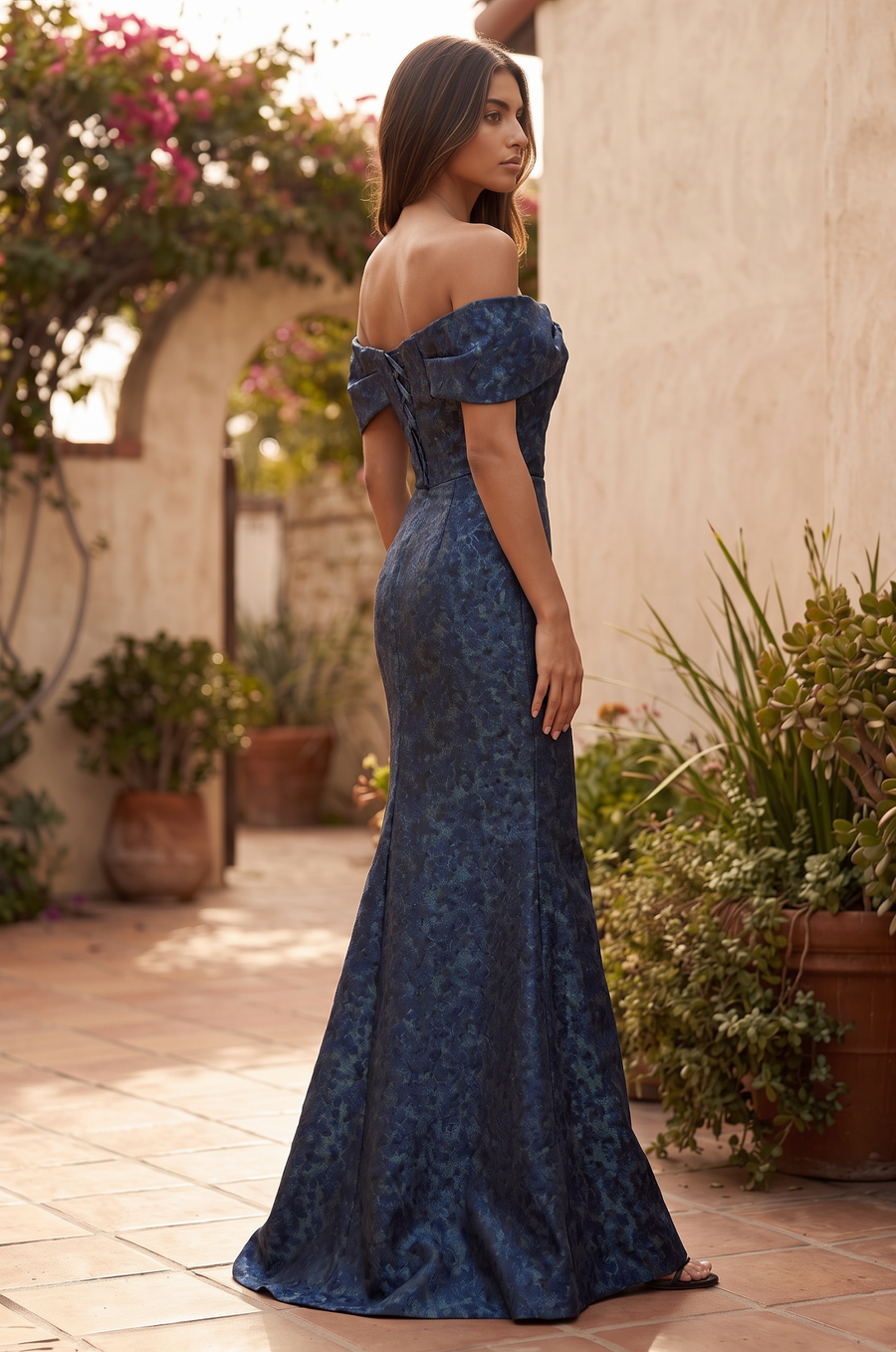 Off the Shoulder Floral Jacquard Mermaid Evening Formal Dress