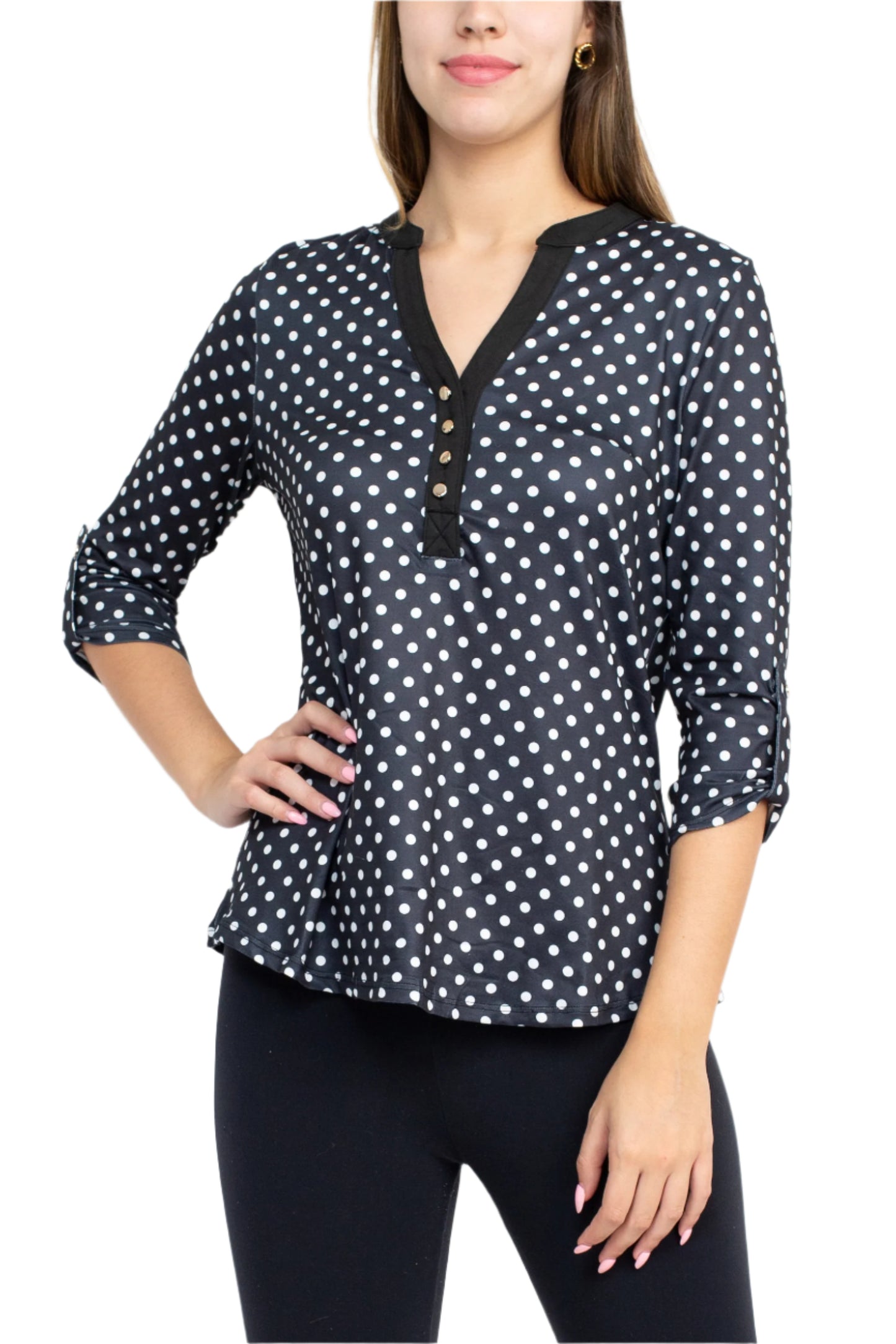 Robert Louis Banded V-Neck Button Detail 3/4 Sleeve Print Jersey Top