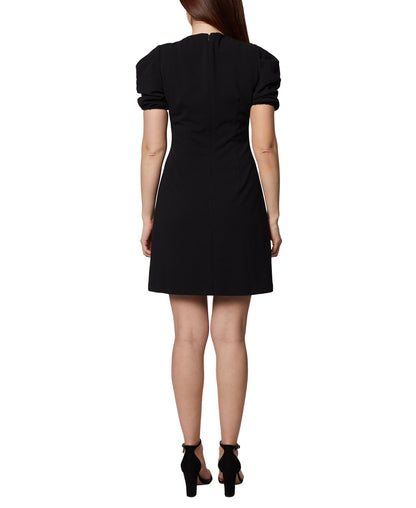 Sage Collective Crew Neck Short Puff Sleeve Hidden Zipper Back Scuba Crepe Dress (Petite) - BLACK - BACK 