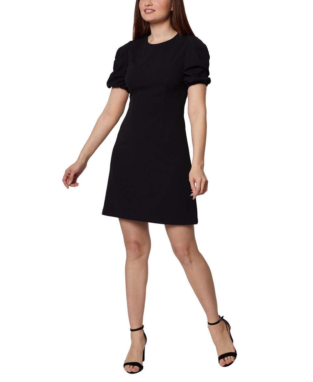 Sage Collective Crew Neck Short Puff Sleeve Hidden Zipper Back Scuba Crepe Dress (Petite) - BLACK - FRONT 