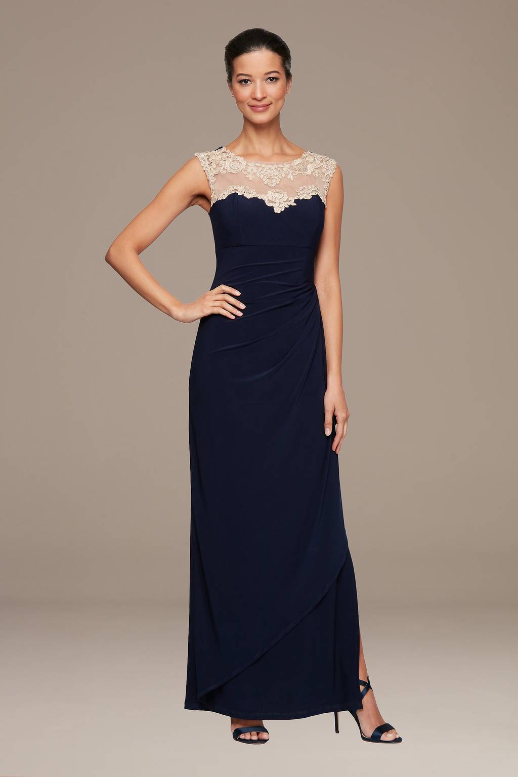 Wholesale Long Sleeveless Crepe Side Ruched Dress with Sweetheart Embroidered Lace Illusion Neckline & Side Slit Alex Evenings 82351473