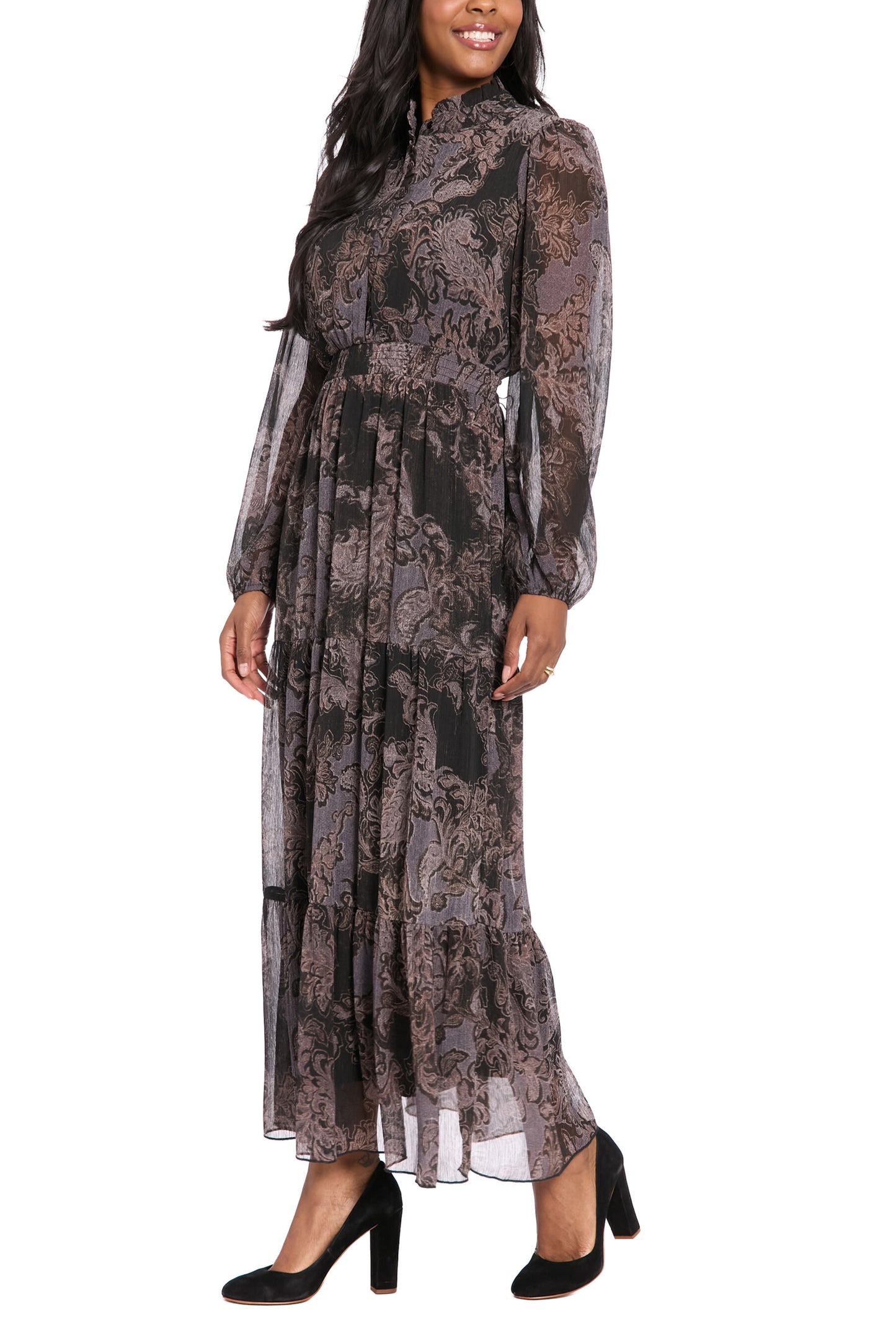 London Times Collared Buttoned Ruffle Neckline Long Bishop Elastic Cuff Sleeves Fit Bodice Smocked Waistband Fit-and-Flare Tiered Maxi Dress