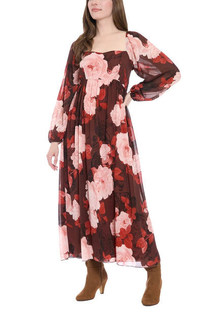 London Times Trudie Floral Print Square Neckline Long Voluminous Puffy Sleeves Elastic Gather Cuffs Smocked Shirred Bodice Flowing Babydoll Maxi Dress (Plus Size)