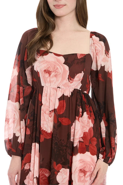 London Times Trudie Floral Print Square Neckline Long Voluminous Puffy Sleeves Elastic Gather Cuffs Smocked Shirred Bodice Flowing Babydoll Maxi Dress (Plus Size)