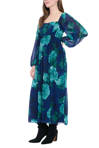 London Times Trudie Floral Print Square Neckline Long Voluminous Puffy Sleeves Elastic Gather Cuffs Smocked Shirred Bodice Flowing Babydoll Maxi Dress