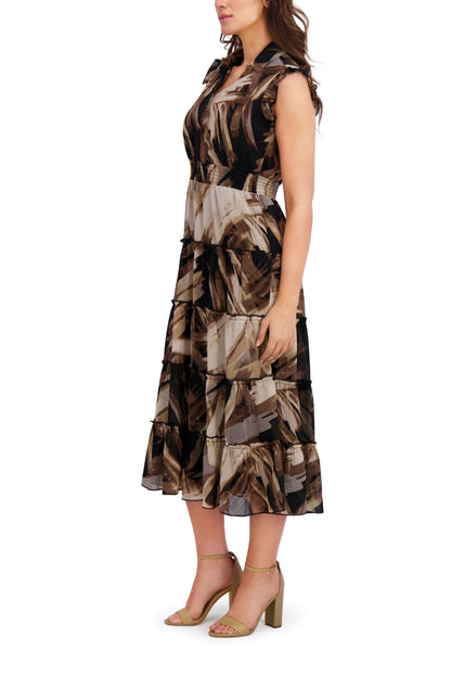 London Times Spread Collar Flutter Sleeves Smocked Waist Ruffled Tiered Skirt Maxi Dress