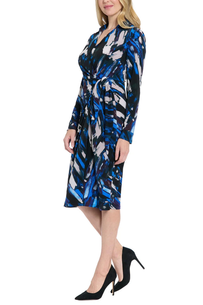 London Times Rhea Criss-Cross Collared Neckline Long Cuffed Sleeves Cinched Waist Faux Wrap Draped Sheath Midi Dress