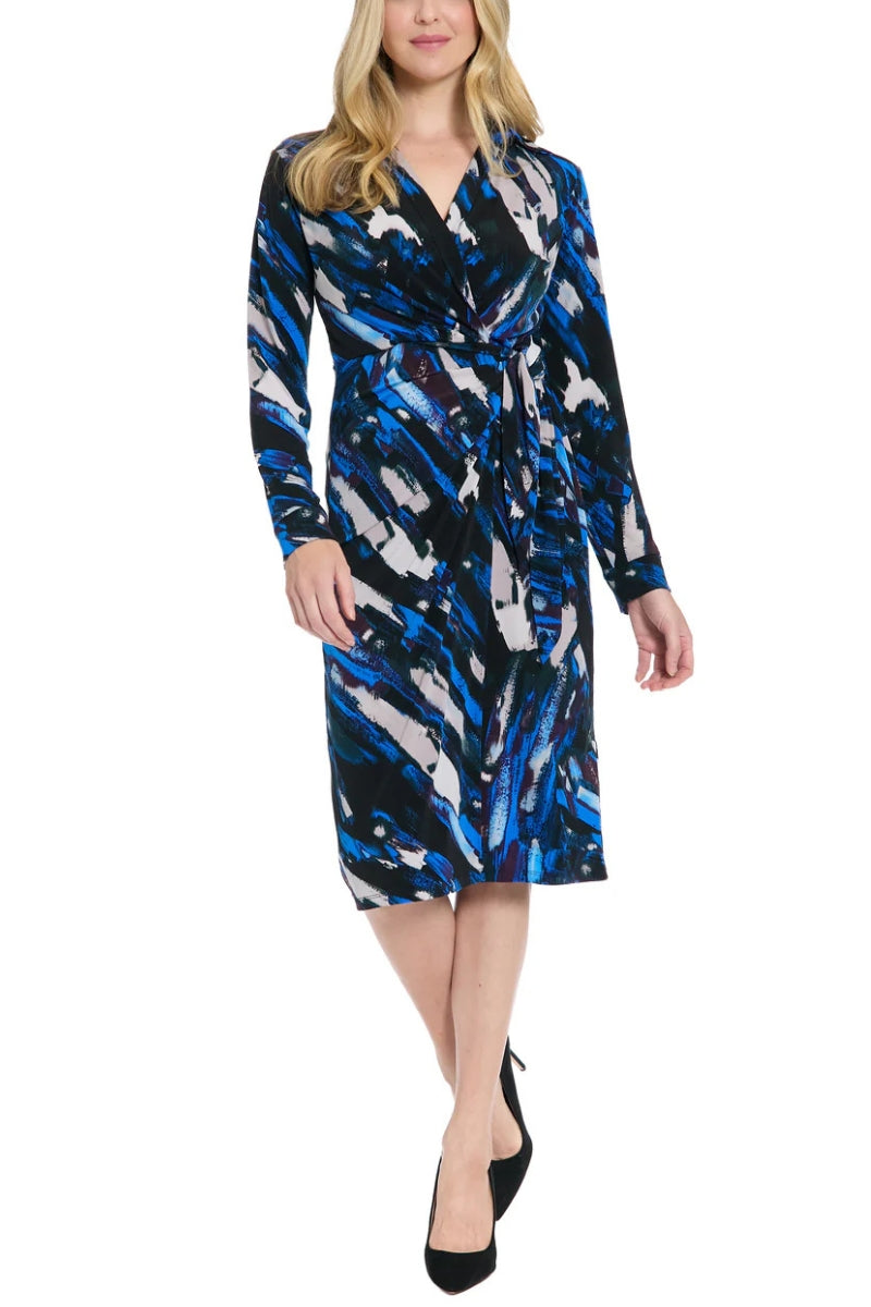 Cocktail Dresses Criss-Cross Collared Neckline Long Sleeved Midi Dress with Cinched Waist  Black/Royal