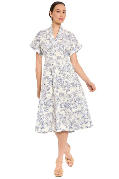 London Times Short Sleeve Pleated Fit-and-Flare Midi DressT10311M