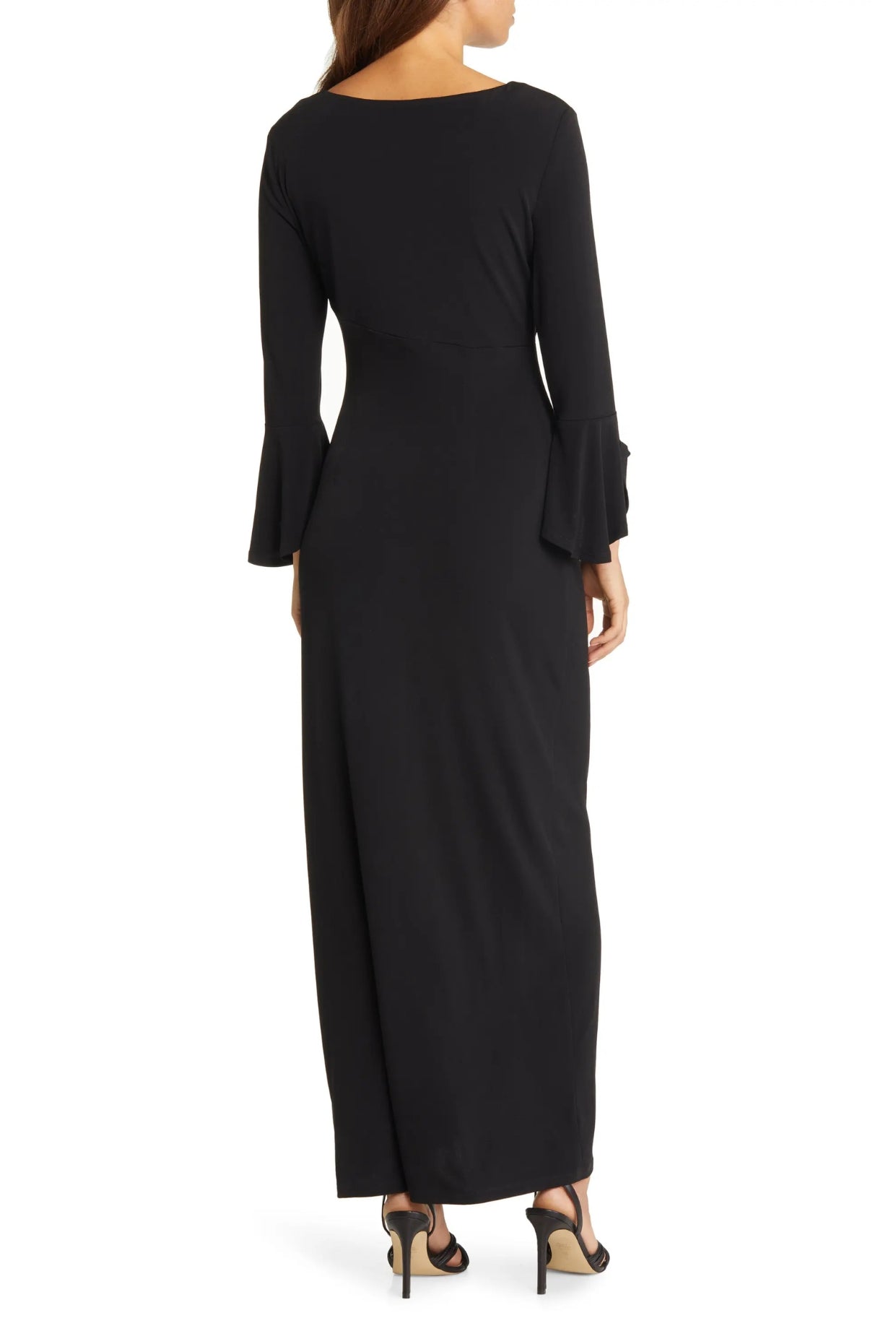 Connected Apparel Bell Sleeve Gathered Waist Gown - BLACK - Back