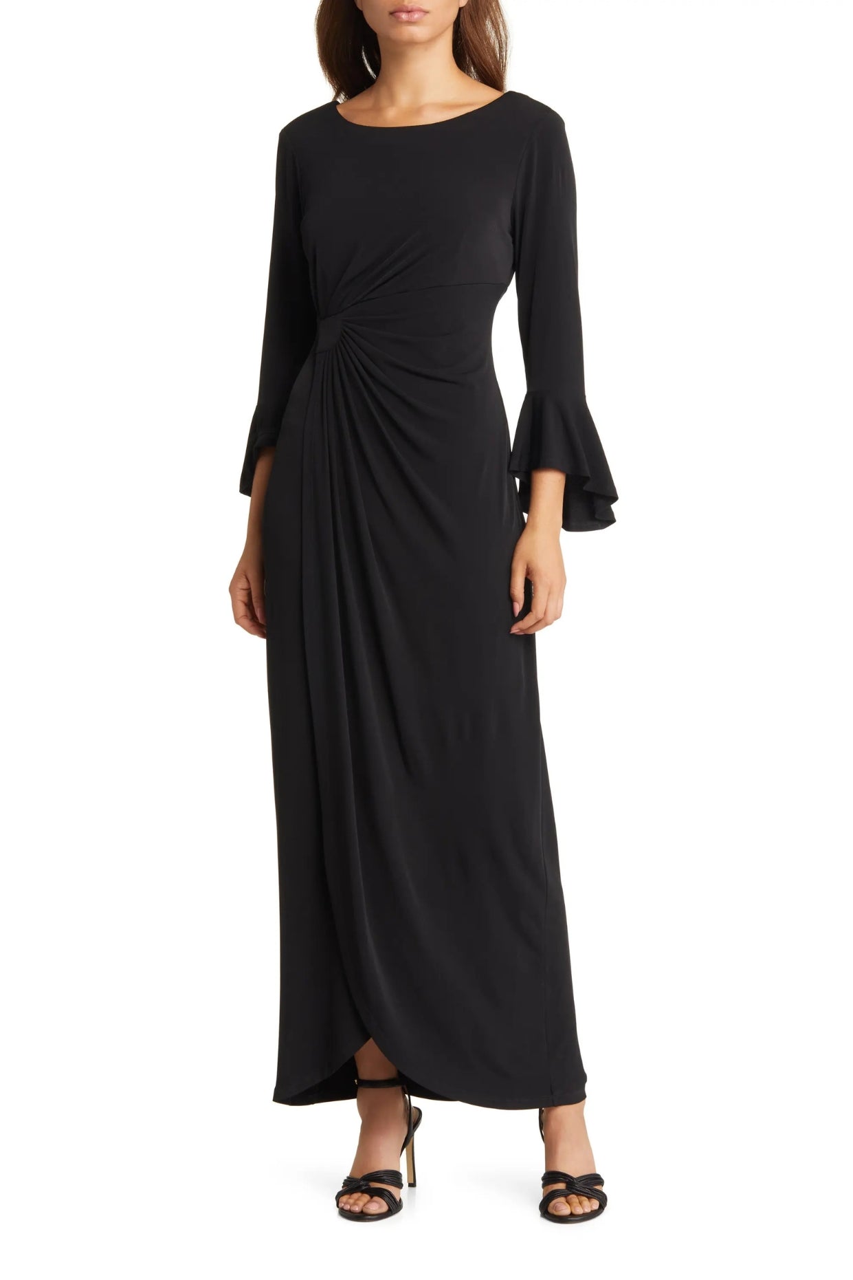 Connected Apparel Bell Sleeve Gathered Waist Gown - BLACK - Front