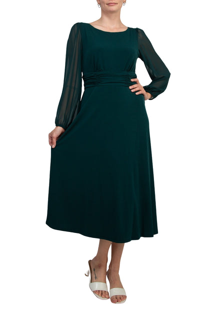 Connected Apparel Chiffon Long Sleeve Midi Dress - HUNTER - Full Front View