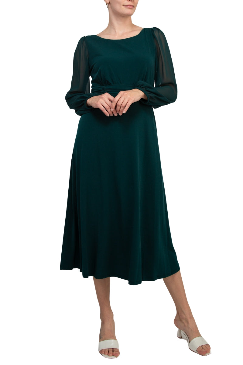 Connected Apparel Chiffon Long Sleeve Midi Dress - HUNTER - Front View