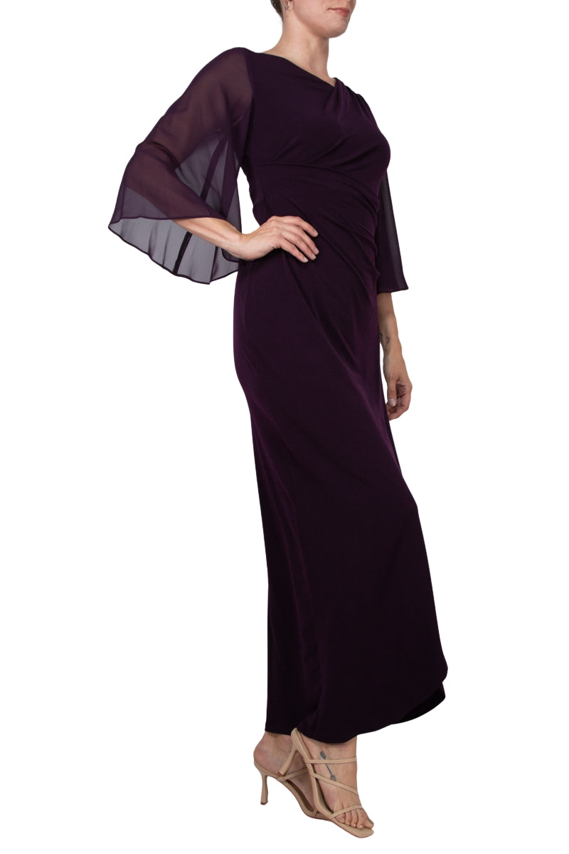 Connected Apparel Asymmetrical Floor Length Chiffon Dress - Aubergine - Side