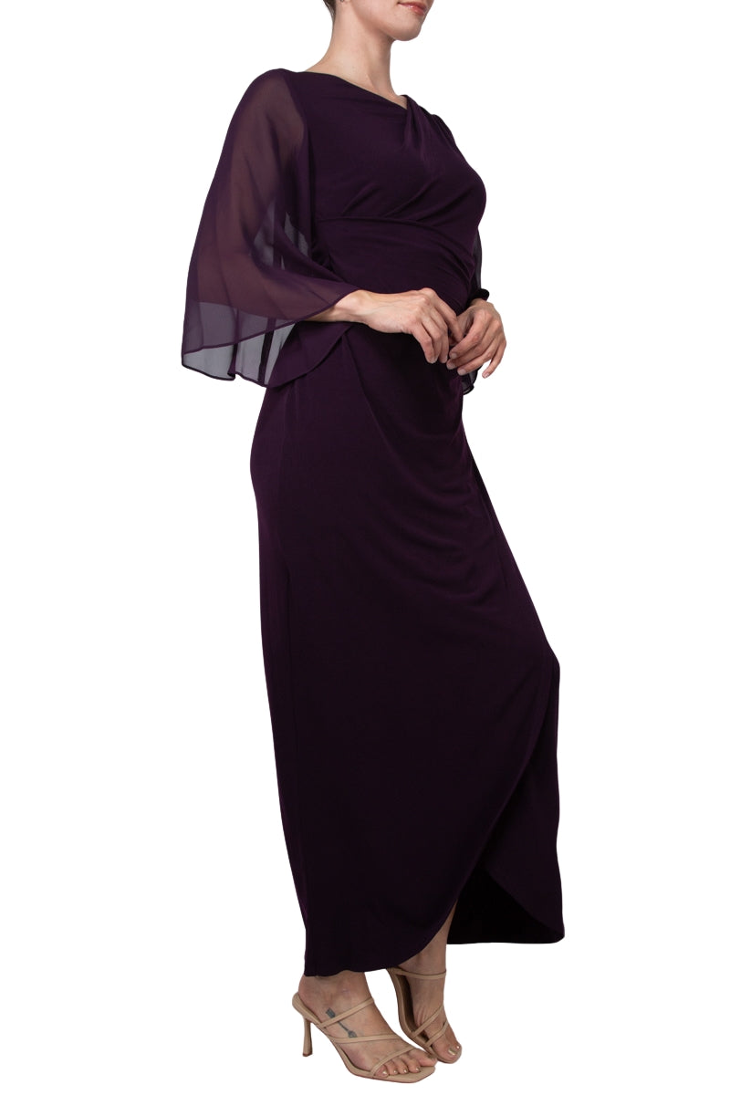 Connected Apparel Asymmetrical Floor Length Chiffon Dress - Aubergine - Side view