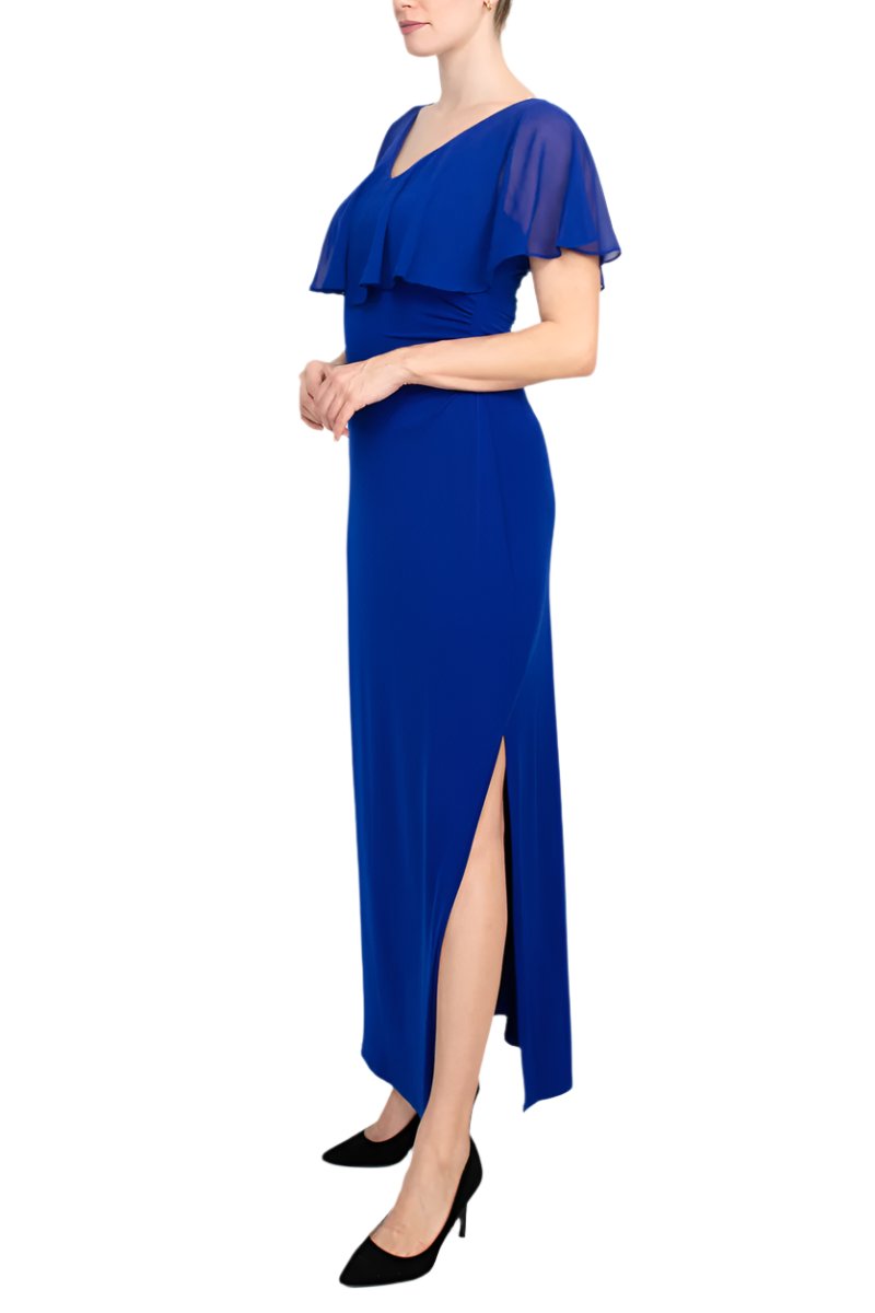 Connected Apparel V-neck Flutter Chiffon Sleeve Solid Column Matte Jersey Gown - Wholesale - DEEP COBALT - Side