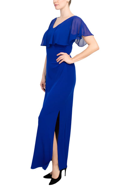 Connected Apparel V-neck Flutter Chiffon Sleeve Solid Column Matte Jersey Gown - Wholesale - DEEP COBALT - Side